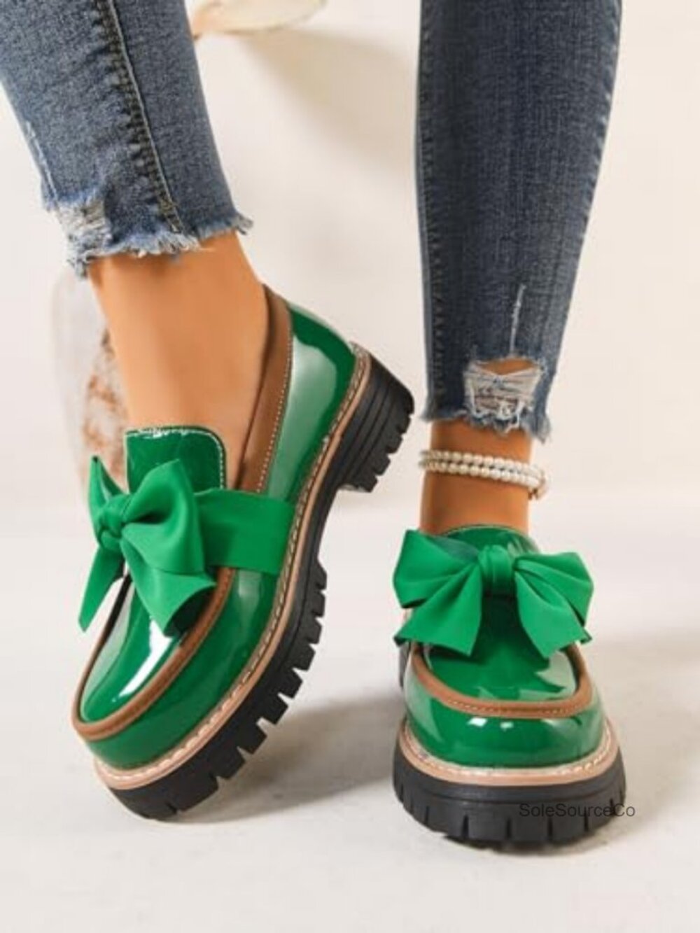 Bowknot Thick Sole Loafers, Platform Chunky Heel Lug Sole, Work Casual Patent - Picture 2 of 4